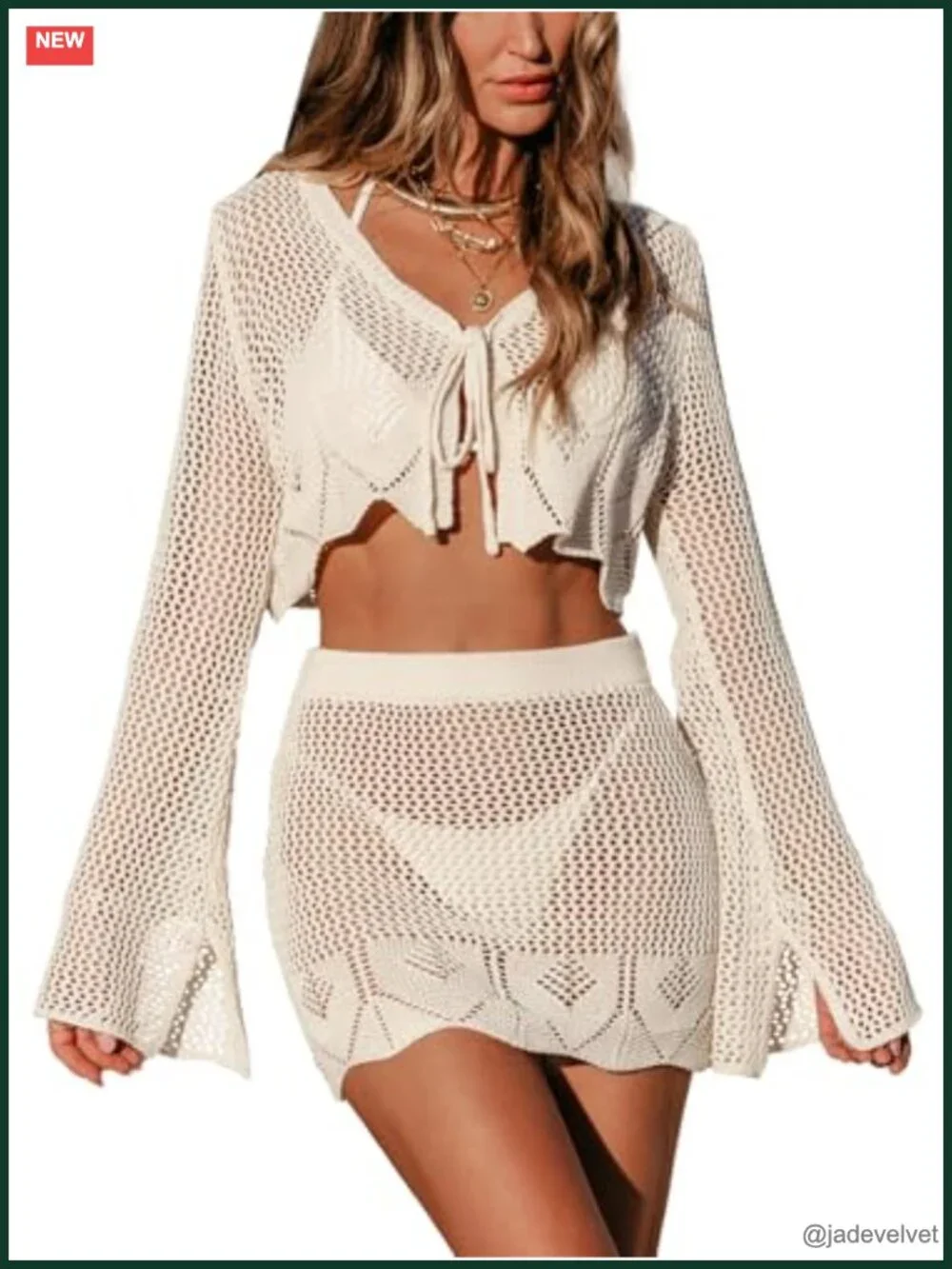 Women Crochet Swim Cover Up Set Long Sleeve 2 Piece Beach Outfit